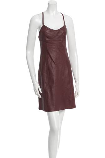 Women's casual stylish lambskin black leather sleeveless dress