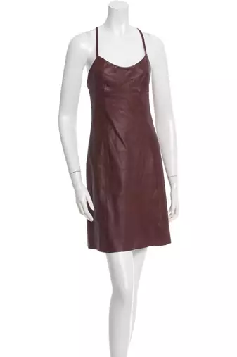 Women's casual stylish lambskin black leather sleeveless dress