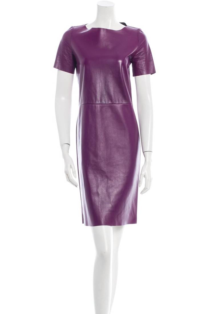 Women's casual stylish lambskin purple leather half-sleeve leather dress
