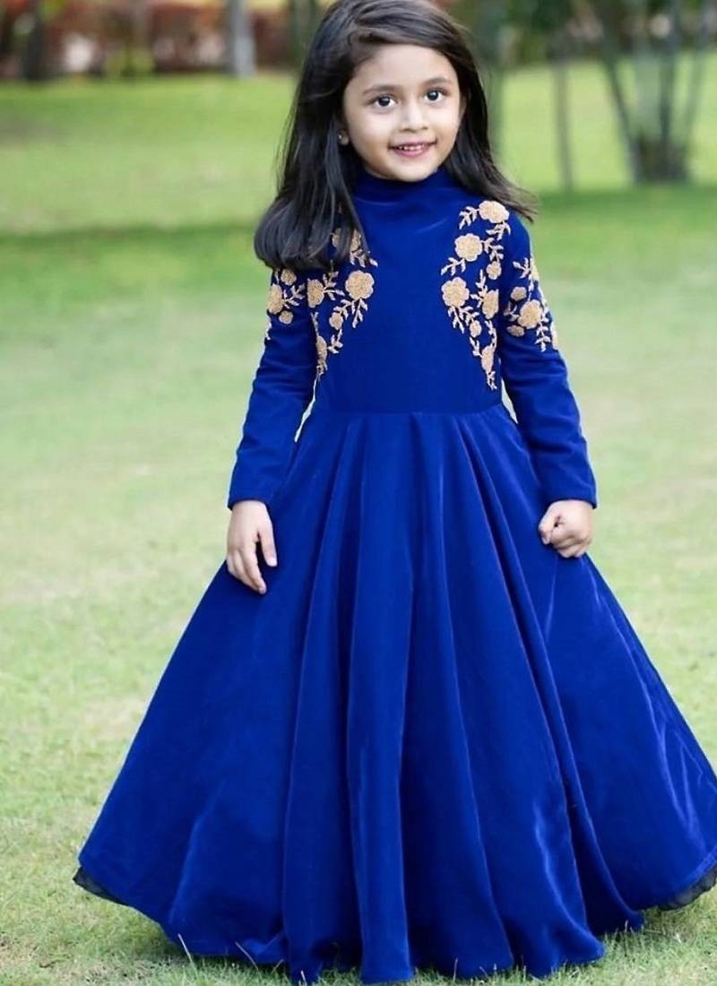 Designer heavy viscose velvet embroidered work party wear kids gown