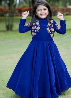 Designer heavy viscose velvet embroidered work party wear kids gown 2