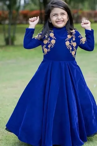 Designer heavy viscose velvet embroidered work party wear kids gown
