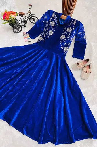 Designer heavy viscose velvet embroidered work party wear kids gown