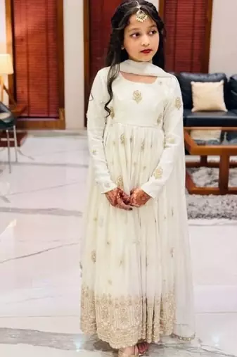 Designer pure vichitra embroidered work wedding wear kids gown