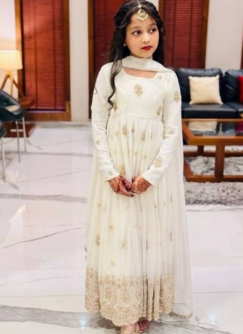 Designer pure vichitra embroidered work wedding wear kids gown