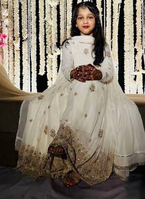 Designer pure vichitra embroidered work wedding wear kids gown 1