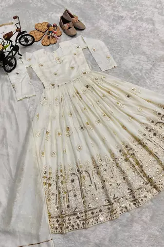 Designer pure vichitra embroidered work wedding wear kids gown