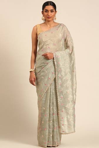 Green gold crush embroidery work with lace border saree