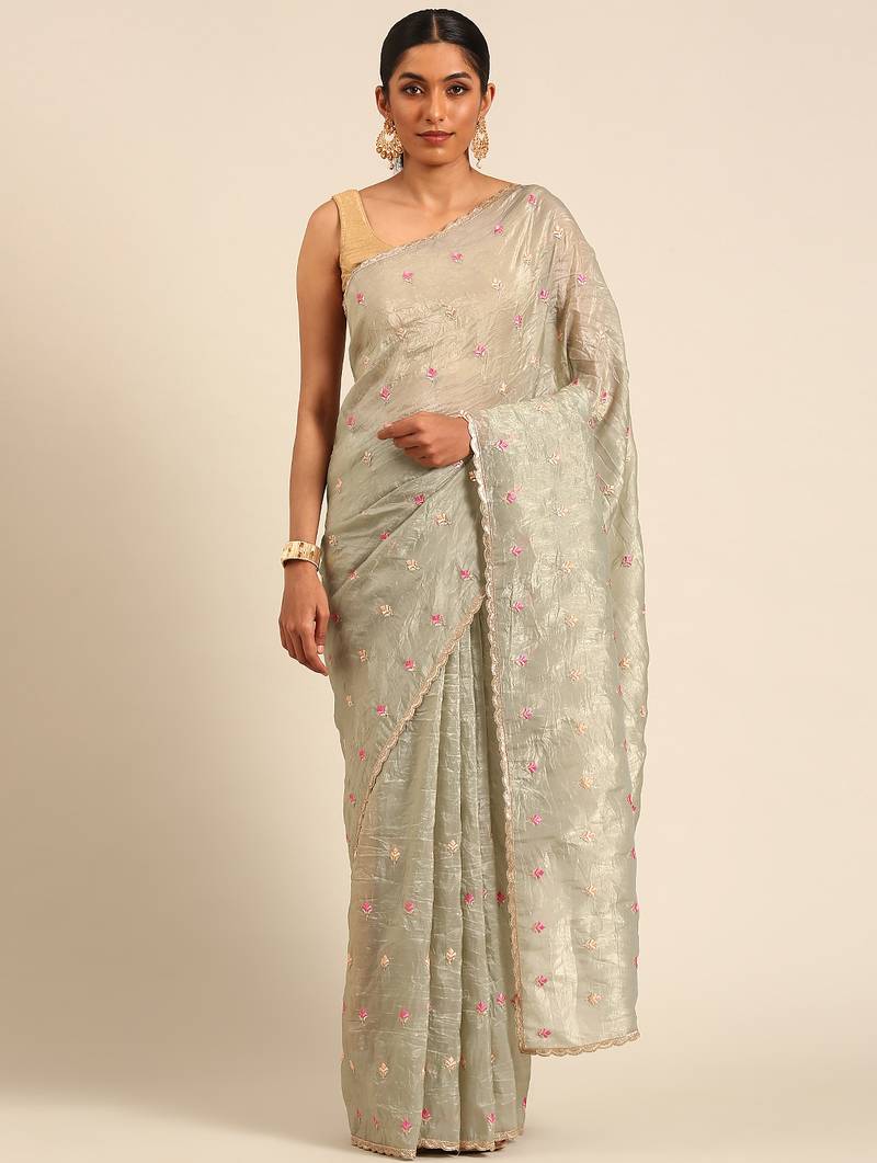 Green gold crush embroidery work with lace border saree