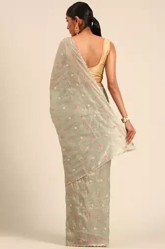 Green gold crush embroidery work with lace border saree