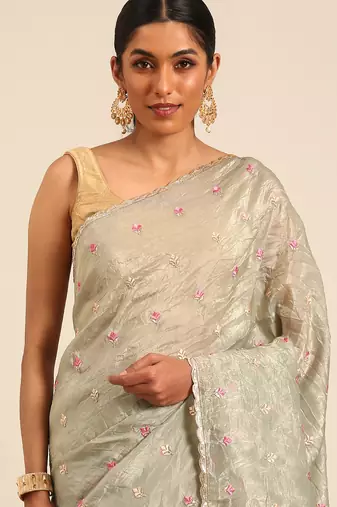 Green gold crush embroidery work with lace border saree