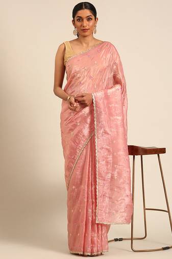 Pink gold crush embroidery work with lace border saree