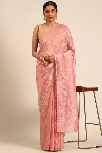 Pink gold crush embroidery work with lace border saree