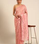 Pink gold crush embroidery work with lace border saree