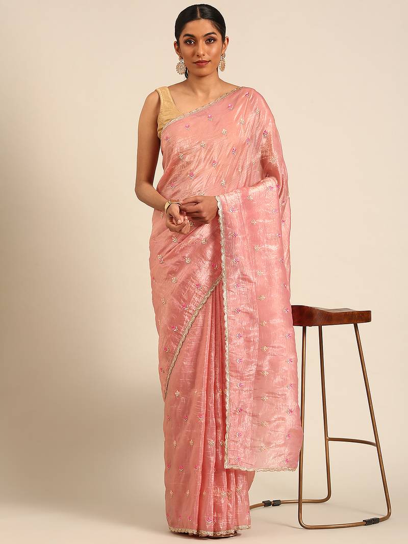 Pink gold crush embroidery work with lace border saree