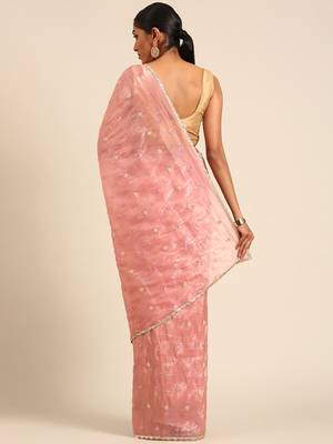 Pink gold crush embroidery work with lace border saree 2