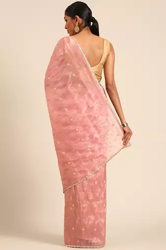 Pink gold crush embroidery work with lace border saree