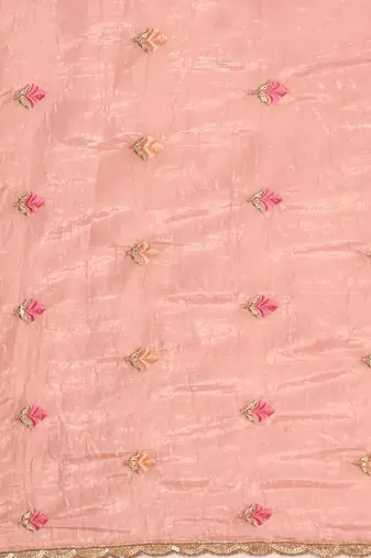 Pink gold crush embroidery work with lace border saree