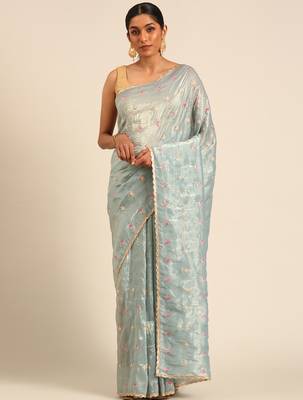 Blue gold crush embroidery work with lace border saree 1