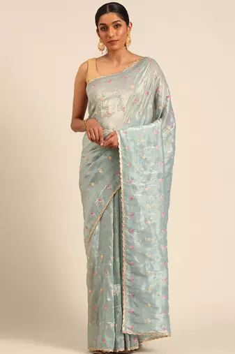 Blue gold crush embroidery work with lace border saree