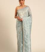 Blue gold crush embroidery work with lace border saree