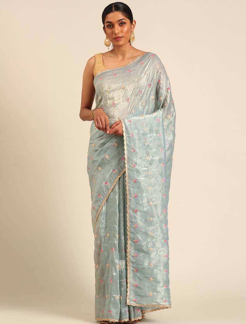 Blue gold crush embroidery work with lace border saree