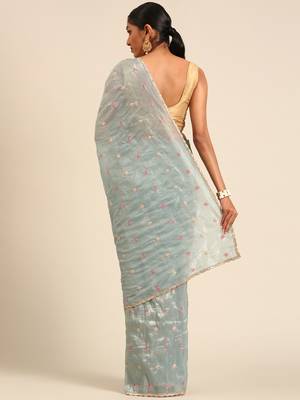 Blue gold crush embroidery work with lace border saree 2