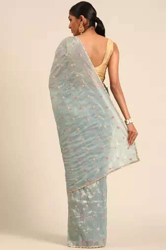 Blue gold crush embroidery work with lace border saree