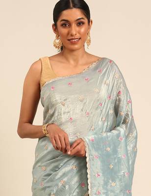 Blue gold crush embroidery work with lace border saree 3