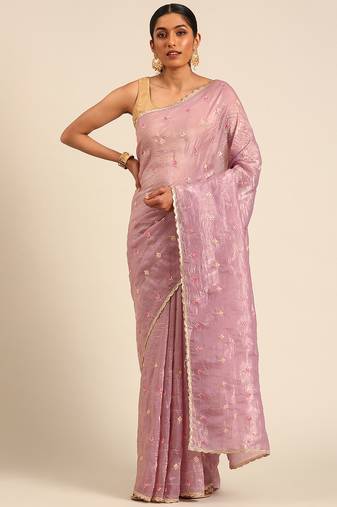 Purple gold crush embroidery work with lace border saree