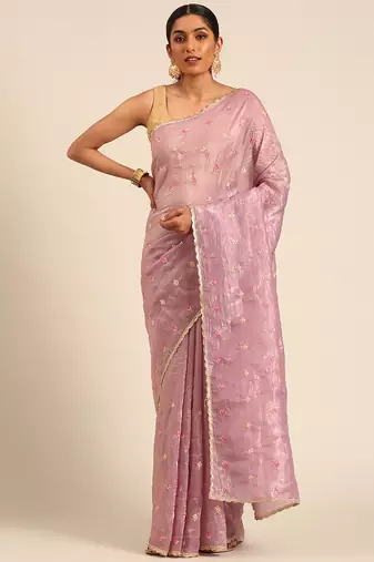 Purple gold crush embroidery work with lace border saree