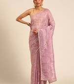 Purple gold crush embroidery work with lace border saree