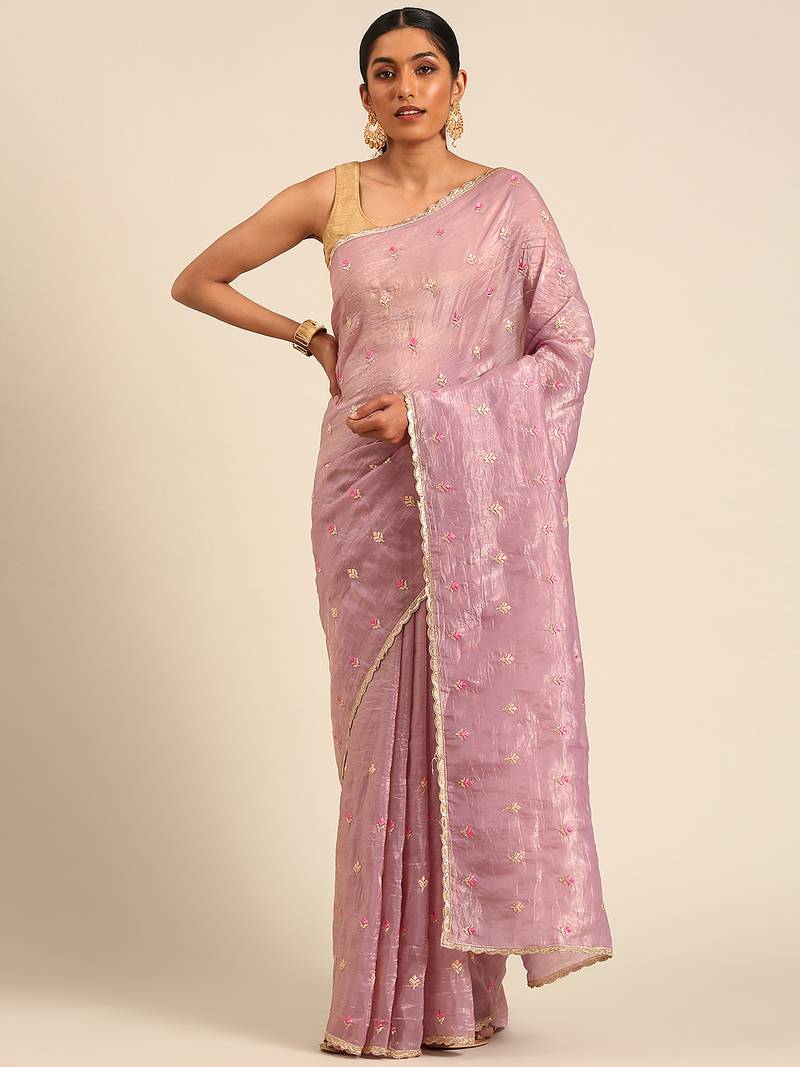 Purple gold crush embroidery work with lace border saree