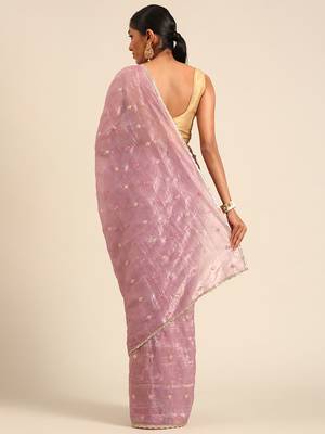 Purple gold crush embroidery work with lace border saree 2