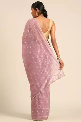 Purple gold crush embroidery work with lace border saree