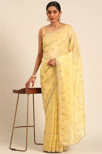 Yellow gold crush embroidery work with lace border saree
