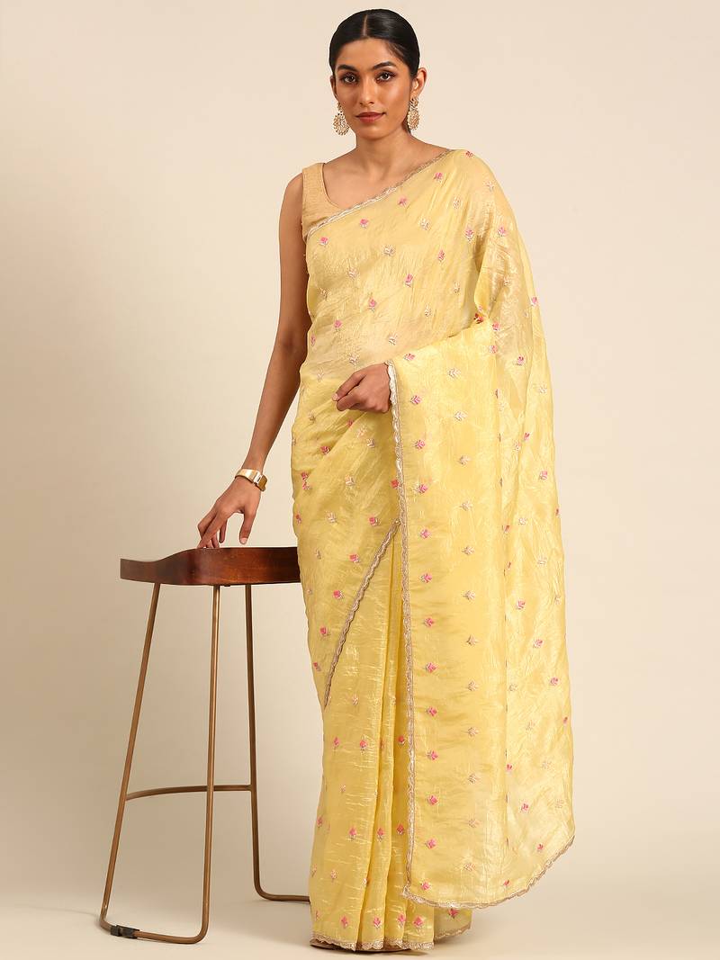 Yellow gold crush embroidery work with lace border saree