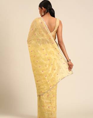 Yellow gold crush embroidery work with lace border saree 2