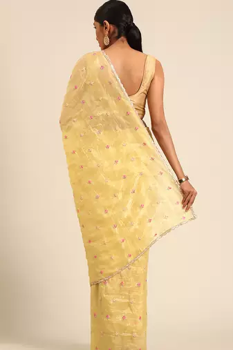 Yellow gold crush embroidery work with lace border saree
