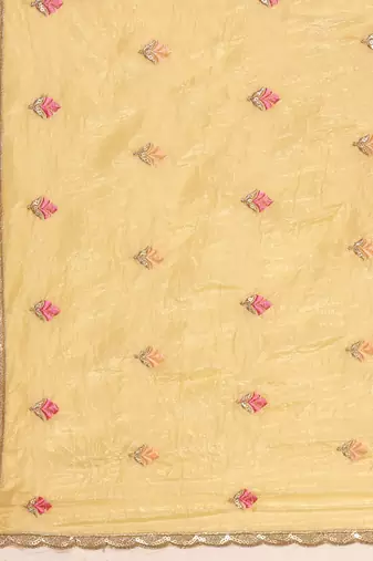 Yellow gold crush embroidery work with lace border saree