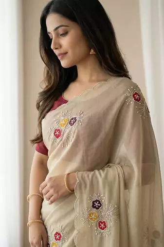 LIght Yellow Color Handwork Khatali Butta With Cutdana Sequence And Cutdana Arco Border art silk saree