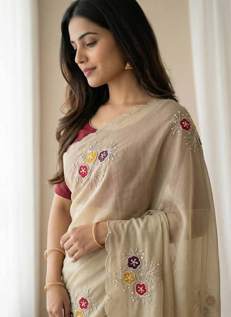 LIght Yellow Color Handwork Khatali Butta With Cutdana Sequence And Cutdana Arco Border Silk Saree