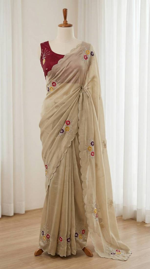 LIght Yellow Color Handwork Khatali Butta With Cutdana Sequence And Cutdana Arco Border Silk Saree