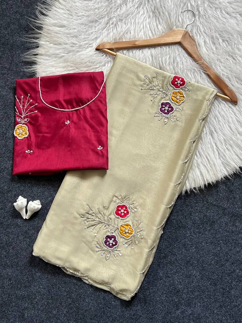 LIght Yellow Color Handwork Khatali Butta With Cutdana Sequence And Cutdana Arco Border Silk Saree