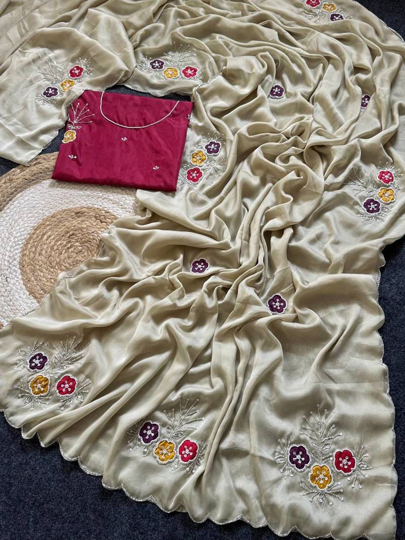 LIght Yellow Color Handwork Khatali Butta With Cutdana Sequence And Cutdana Arco Border Silk Saree