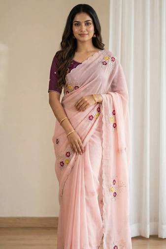 LIght Pink Color Handwork Khatali Butta With Cutdana Sequence And Cutdana Arco Border Silk Saree