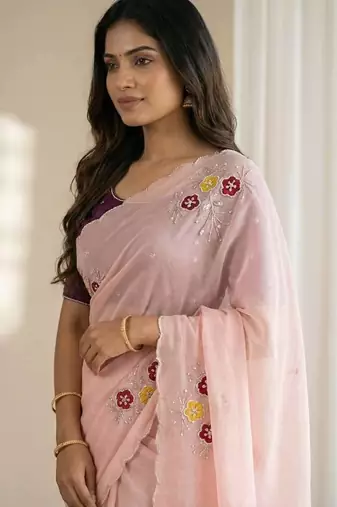 LIght Pink Color Handwork Khatali Butta With Cutdana Sequence And Cutdana Arco Border art silk saree