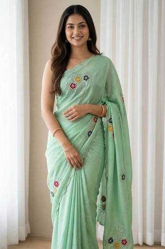 LIght Sea Green Color Handwork Khatali Butta With Cutdana Sequence And Cutdana Arco Border Silk Saree