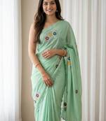 LIght Sea Green Color Handwork Khatali Butta With Cutdana Sequence And Cutdana Arco Border Silk Saree