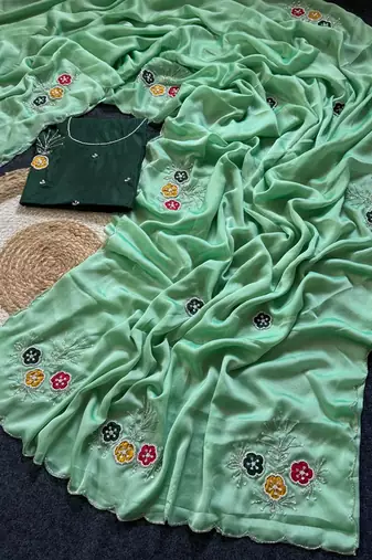 LIght Sea Green Color Handwork Khatali Butta With Cutdana Sequence And Cutdana Arco Border art silk saree